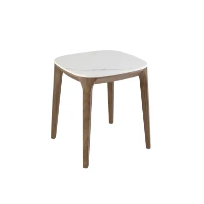 Kvadratna vogalna miza iz porcelanastega marmorja in oreha