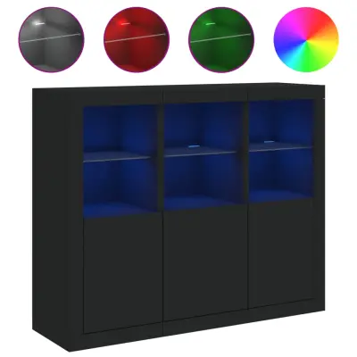 vidaXL Komoda z LED diodami 3 kosi črn inženirski les
