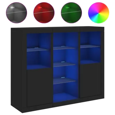 vidaXL Komoda z LED diodami 3 kosi črn inženirski les