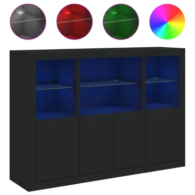 vidaXL Komoda z LED diodami 3 kosi črn inženirski les