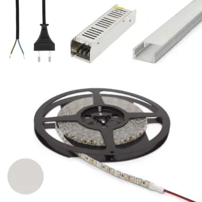 Set 5x 1m ALU profil mat + LED trak 9,6W/m 4500K 5m + napajalnik 60W + priključna vrvica
