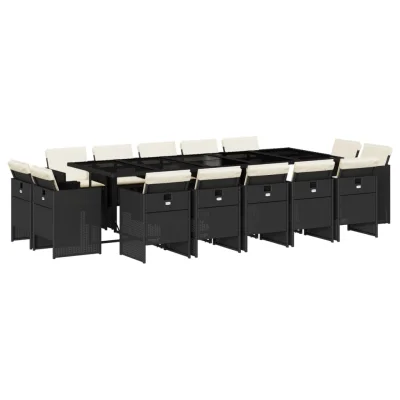 vidaXL Vrtna jedilna garnitura 15-delna z blazinami črn poli ratan