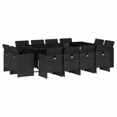 vidaXL Vrtna jedilna garnitura 13-delna z blazinami črn poli ratan