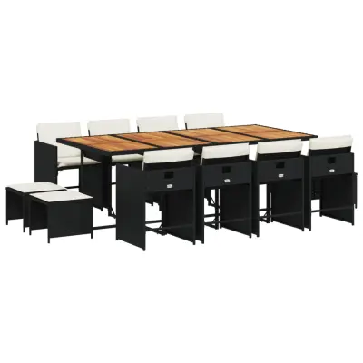 vidaXL Vrtna jedilna garnitura 13-delna z blazinami črn poli ratan