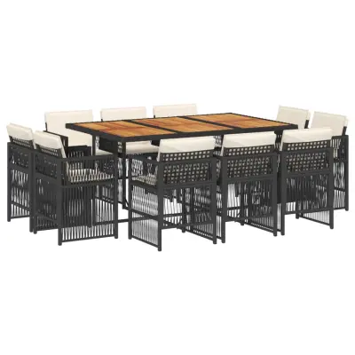 vidaXL Vrtna jedilna garnitura 11-delna z blazinami črna poli ratan