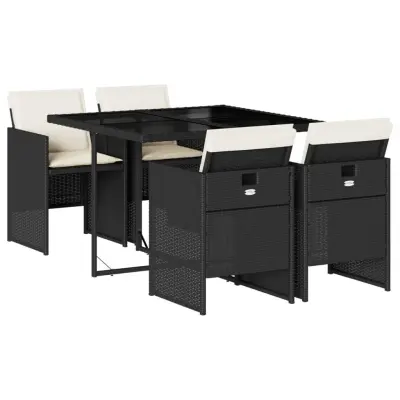 vidaXL Vrtna jedilna garnitura 5-delna z blazinami črn poli ratan