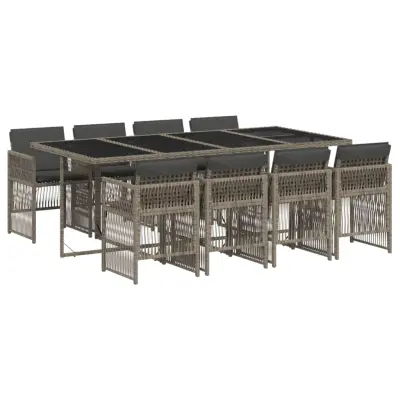 vidaXL Vrtna jedilna garnitura 9-delna z blazinami siv poli ratan