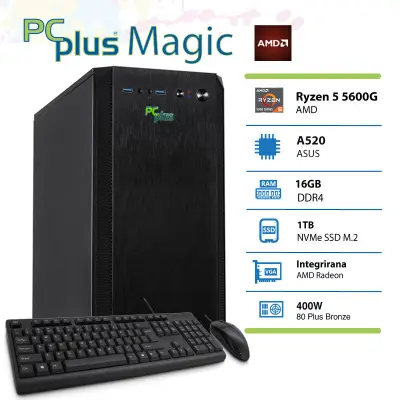 PCPLUS Magic AMD Ryzen 5 5600G 16GB 1TB NVMe SSD namizni računalnik + miška in tipkovnica