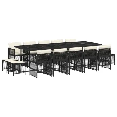 vidaXL Vrtna jedilna garnitura 15-delna z blazinami črn poli ratan