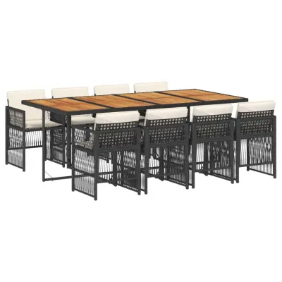 vidaXL Vrtna jedilna garnitura 9-delna z blazinami črn poli ratan