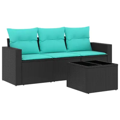 vidaXL Vrtna sedežna garnitura 4-delna z blazinami črn poli ratan