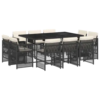 vidaXL Vrtna jedilna garnitura 11-delna z blazinami črna poli ratan