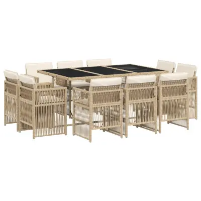 vidaXL Vrtna jedilna garnitura 11-delna z blazinami bež poli ratan