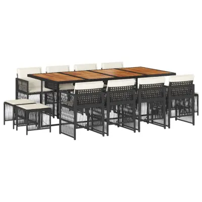 vidaXL Vrtna jedilna garnitura 13-delna z blazinami črn poli ratan