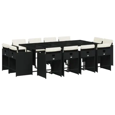 vidaXL Vrtna jedilna garnitura 13-delna z blazinami črn poli ratan