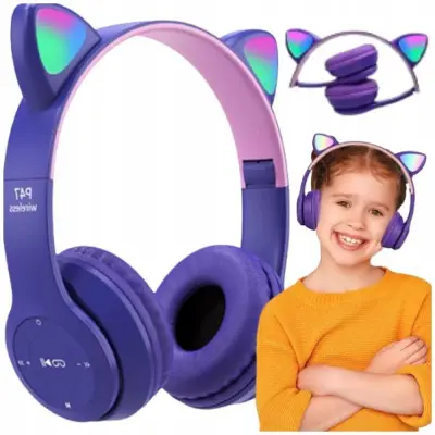 Vijolične LED brezžične bluetooth slušalke z mačjimi ušesi + mikrofon