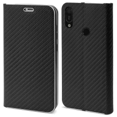 Moozy Venus Wallet Case za Huawei Y6 2019, Black Carbon – Metallic Edge Protection Flip Cover z magnetnim zapiranjem in držalom za kartico