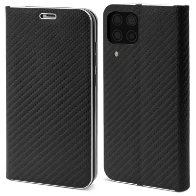 Moozy Venus Wallet Case za Huawei P40 Lite, Black Carbon – Metallic Edge Protection Flip Cover z magnetnim zapiranjem in držalom za kartice