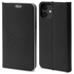 Moozy Venus Wallet Case za iPhone 12, iPhone 12 Pro, Black Carbon – Metallic Edge Protection Flip Cover z magnetnim zapiranjem in držalom za kartico