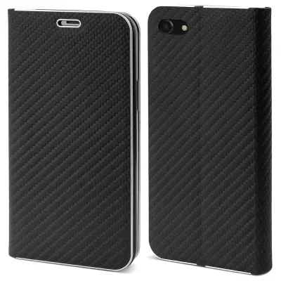 Moozy Venus Wallet Case za iPhone SE 2020, iPhone 7, iPhone 8, Black Carbon – Metallic Edge Protection Flip Cover z magnetnim zapiranjem in držalom za