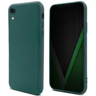 Moozy Lifestyle slog. Zasnovan za iPhone XR, temno zelen - tekoči silikonski ovitek z mat površino in mehko podlogo iz mikrovlaken