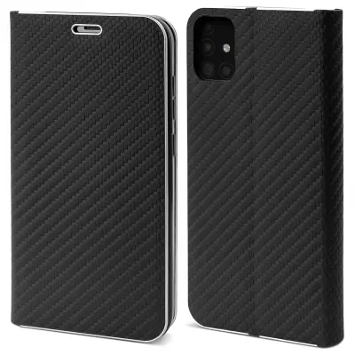 Moozy Venus Wallet Case za Samsung A51, Black Carbon – Metallic Edge Protection Flip Cover z magnetnim zapiranjem in držalom za kartice