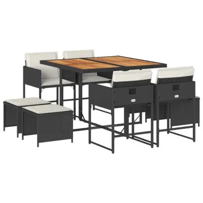 vidaXL Vrtna jedilna garnitura 9-delna z blazinami črn poli ratan