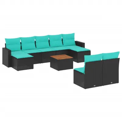 vidaXL Vrtna sedežna garnitura 10-delna z blazinami črn poli ratan