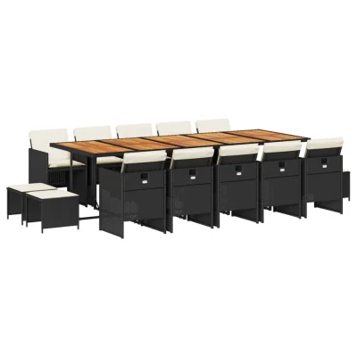 vidaXL Vrtna jedilna garnitura 15-delna z blazinami črn poli ratan