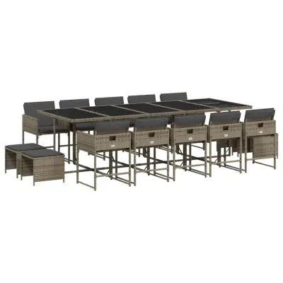 vidaXL Vrtna jedilna garnitura 15-delna z blazinami siv poli ratan