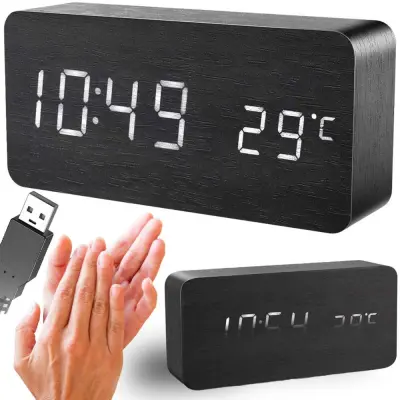 4v1 lesena moderna elektronska budilka in termometer 15cm črna