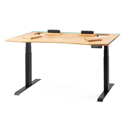 ErgoHide hrastova dvižna miza z epoksidno LED lučjo in razširjenim prostorom za kable (150×80cm / ergonomsko prisekan rob)