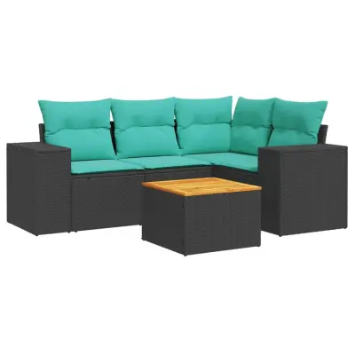 vidaXL Vrtna sedežna garnitura 5-delna z blazinami črn poli ratan