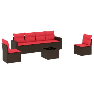 vidaXL Vrtna sedežna garnitura 7-delna z blazinami rjav poli ratan