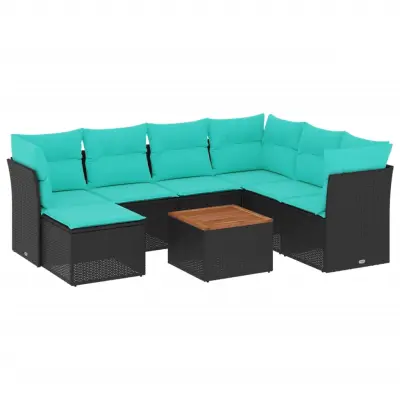 vidaXL Vrtna sedežna garnitura 8-delna z blazinami črn poli ratan