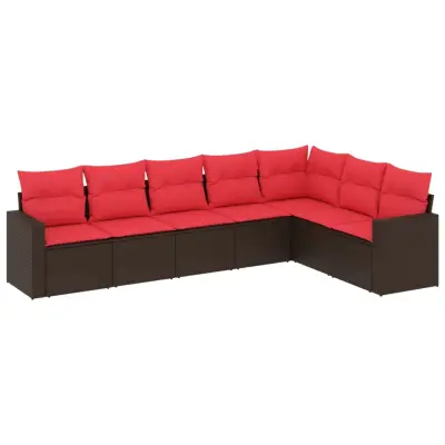 vidaXL Vrtna sedežna garnitura 7-delna z blazinami rjav poli ratan