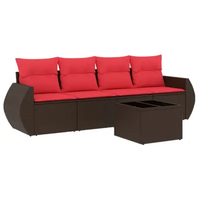 vidaXL Vrtna sedežna garnitura 5-delna z blazinami rjav poli ratan