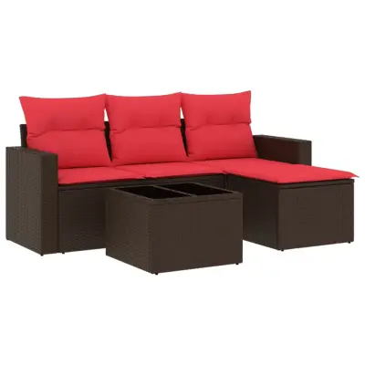 vidaXL Vrtna sedežna garnitura 5-delna z blazinami rjav poli ratan