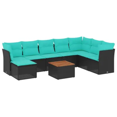 vidaXL Vrtna sedežna garnitura 9-delna z blazinami črn poli ratan