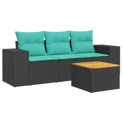 vidaXL Vrtna sedežna garnitura 4-delna z blazinami črn poli ratan