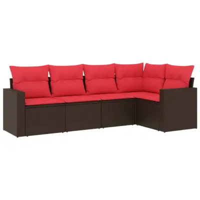 vidaXL Vrtna sedežna garnitura 5-delna z blazinami rjav poli ratan