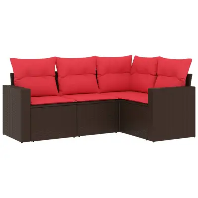 vidaXL Vrtna sedežna garnitura 4-delna z blazinami rjav poli ratan