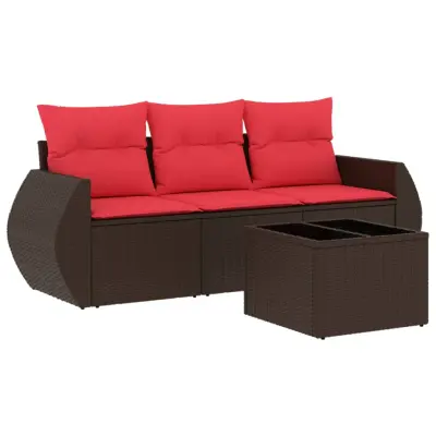 vidaXL Vrtna sedežna garnitura 4-delna z blazinami rjav poli ratan