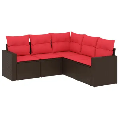 vidaXL Vrtna sedežna garnitura 5-delna z blazinami rjav poli ratan