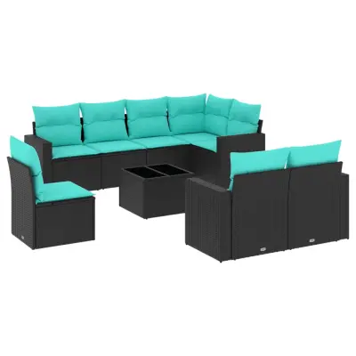 vidaXL Vrtna sedežna garnitura 9-delna z blazinami črn poli ratan