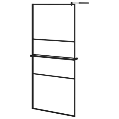 vidaXL Pregrada za tuš s polico črna 90x195 cm ESG steklo in aluminij