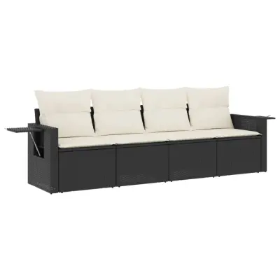 vidaXL Vrtna sedežna garnitura 4-delna z blazinami črna poli ratan