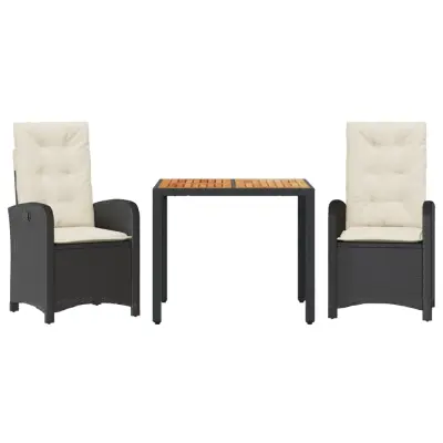 vidaXL Vrtna jedilna garnitura 3-delna z blazinami črn poli ratan