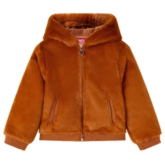 Otroška jakna s kapuco umetno krzno konjak 140
