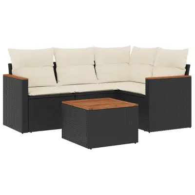 vidaXL Vrtna sedežna garnitura 5-delna z blazinami črn poli ratan